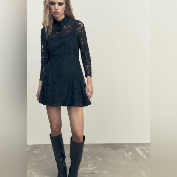 ZARA MINI LACE SHIRT DRESS SIZE L COLOR BLACK (RUNS SMALL) NWT - Picture 2 of 14